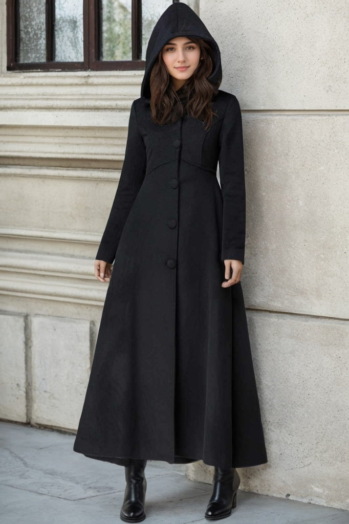Long Coat Black Hooded Trench Coat Womens Black Wool Hooded Coat