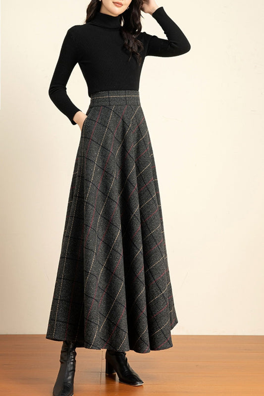 Plaid Wool Blend Maxi Skirt – Warm High Waist Winter Skirt with Pockets 6202
