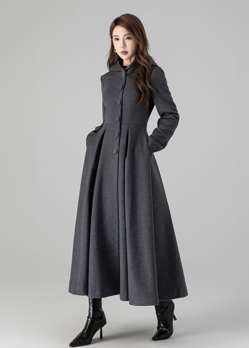 Dark Grey Wool Coat - Long Swing with Hooded Neck 4507