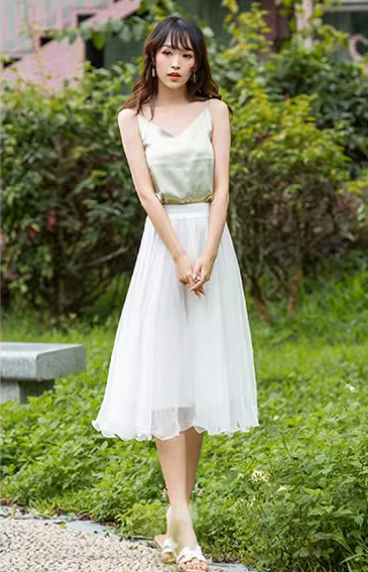 A line elastic waist summer chiffon skirt 6187- white