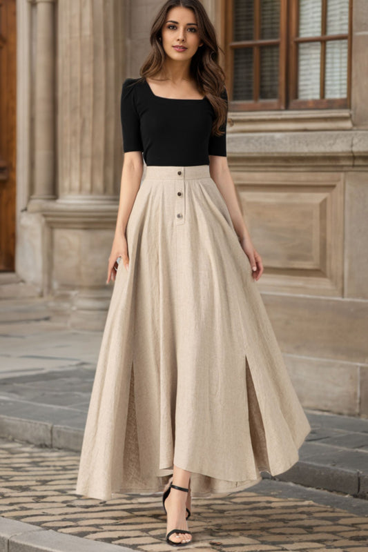 Beige Linen Maxi Skirt - Asymmetrical Elegant Flow 5626