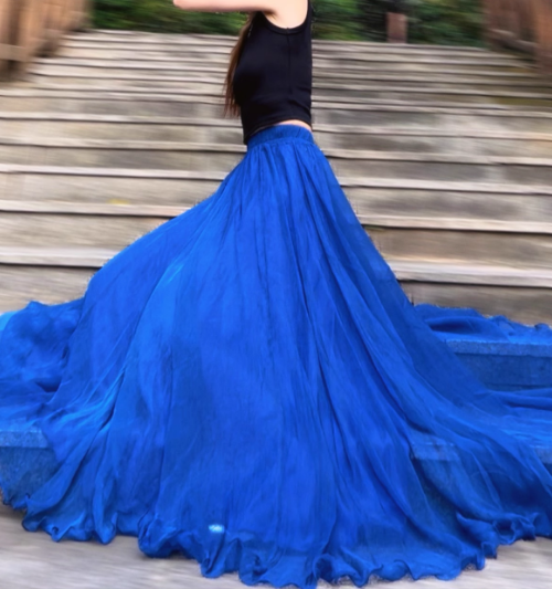 Summer swing long chiffon skirt women 6183- navy blue