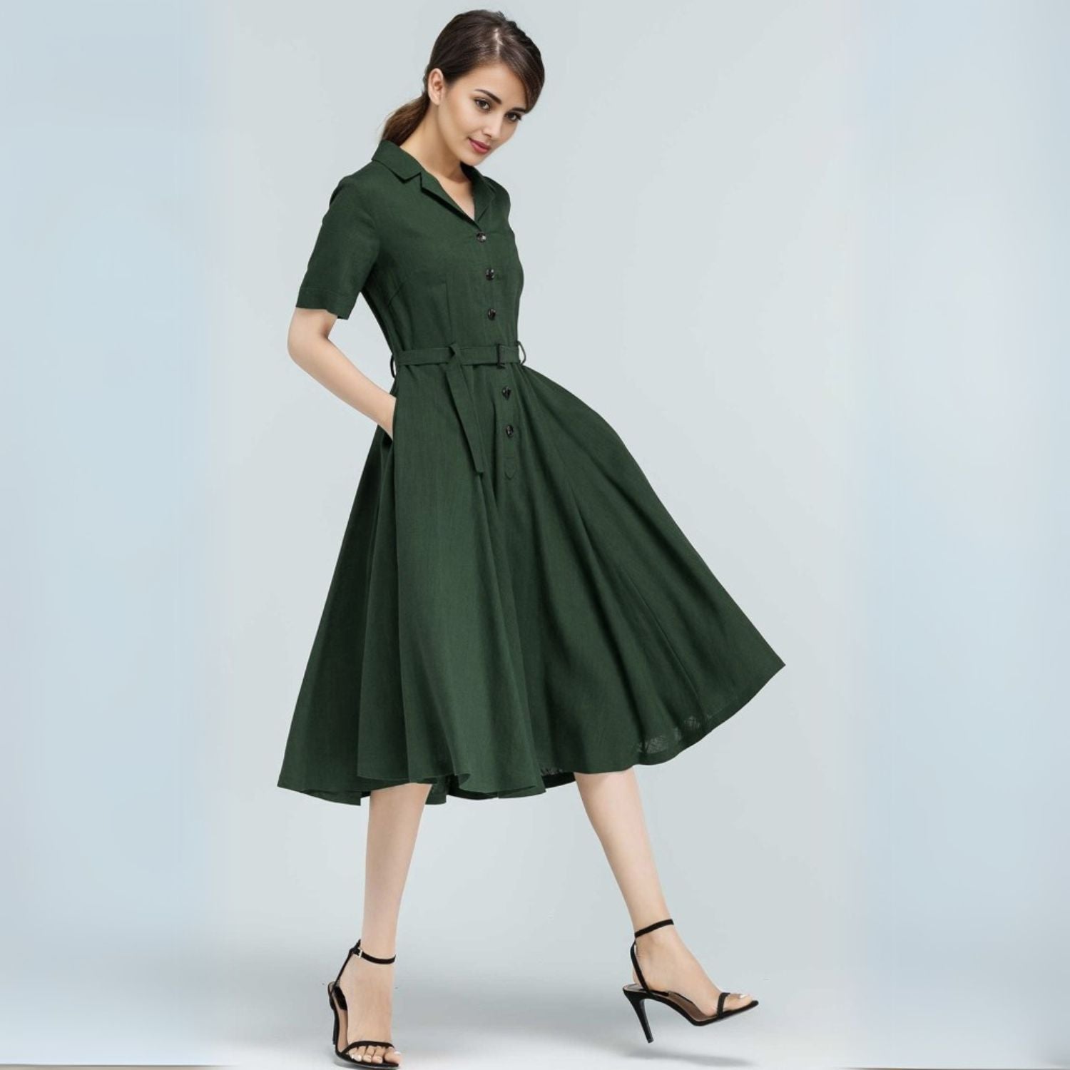 Vintage Green Linen Shirt Dress 50s Inspired Swing Midi Dress 5764 Emerald Green / Custom order Vintage Green Linen Shirt Dress 50s Inspired Swing Midi Dress 5764 Emerald Green / Custom order