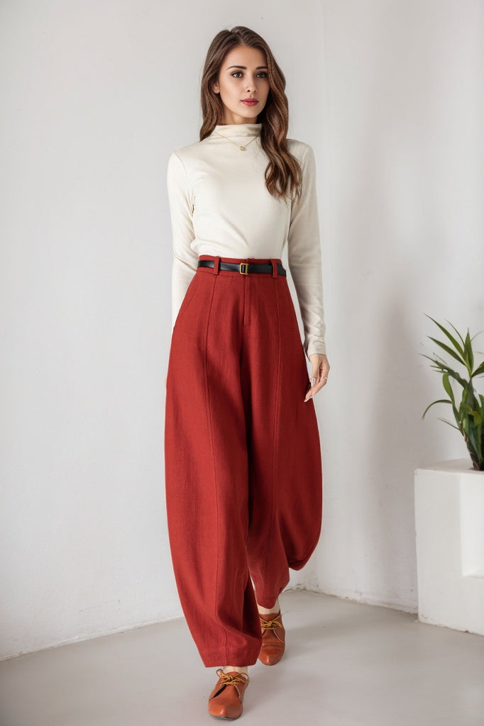 Red Linen Wide Leg Baggy Pants - Relaxed Fit, Button Closure 5899
