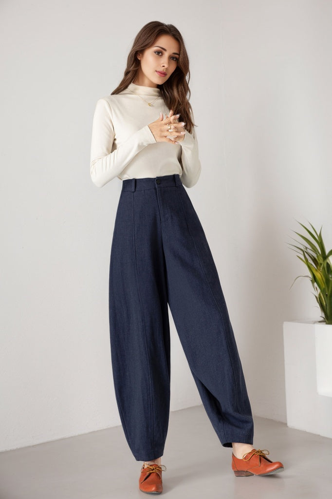 Navy Linen Wide Leg Pants - Lantern Style, Ankle Length 5900