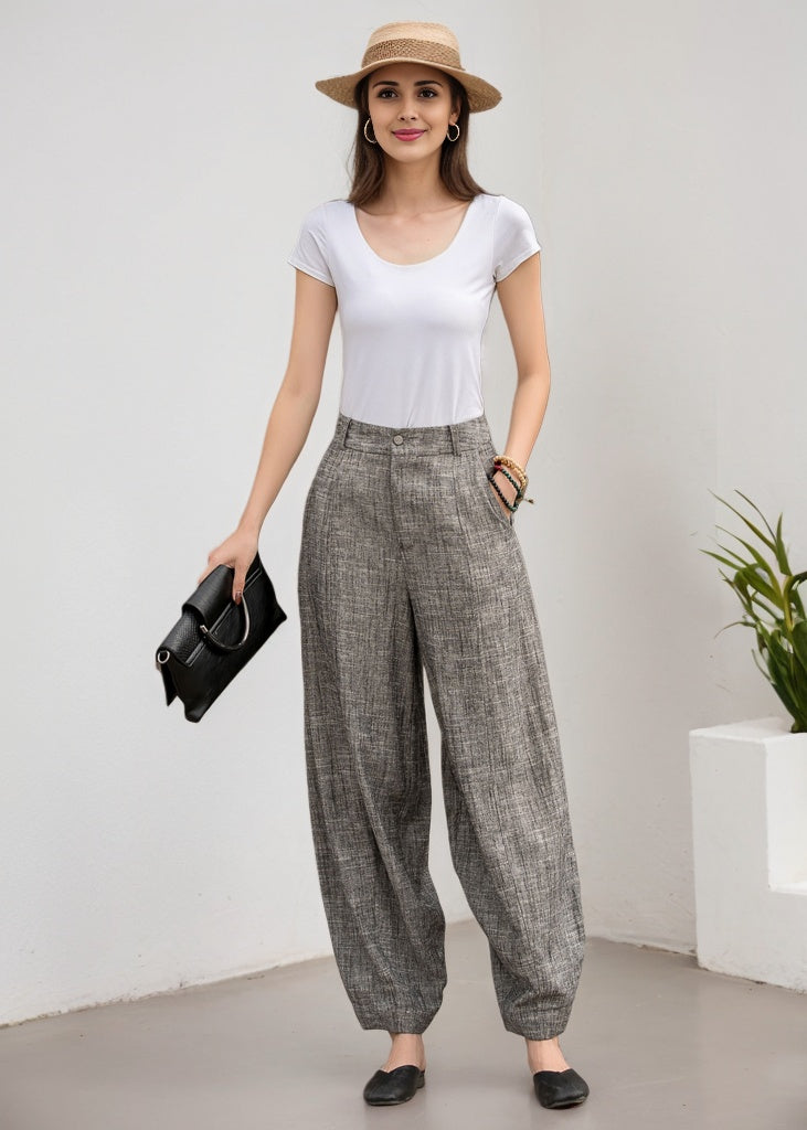 Grey Linen Wide-Leg Pants - Loose Fitting Comfort 5910
