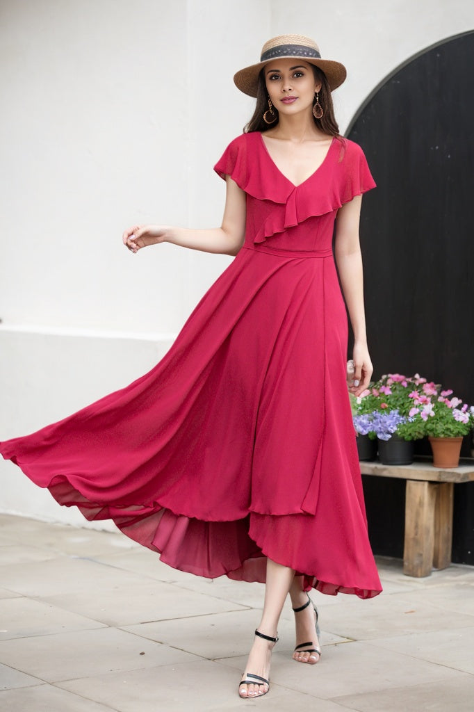 Red fit and flare swing Chiffon dress 5958