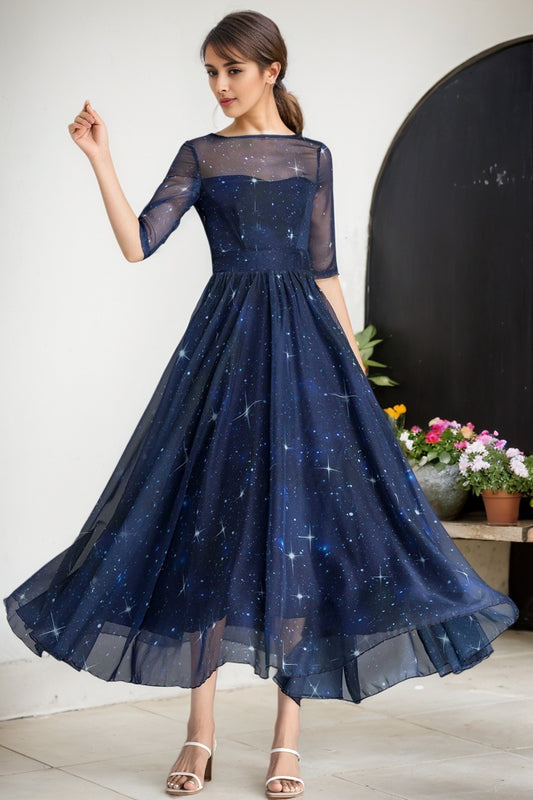 Summer Women Blue Starry Sky Swing Chiffon Midi Dress 2353#