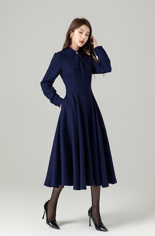 Navy Wool Blend Swing Dress - Bow Tie Neck Long Sleeve | Xiaolizi 6322