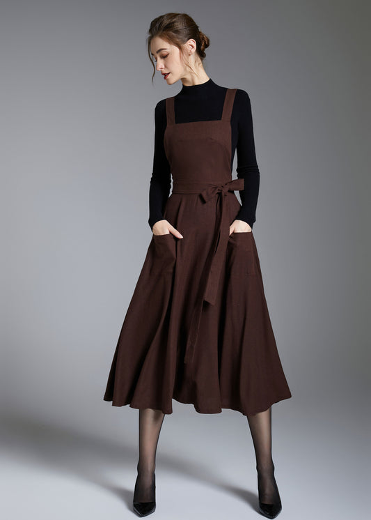 Brown Linen Pinafore Dress – Vintage Fit and Flare Apron Style Dress with Pockets 3878