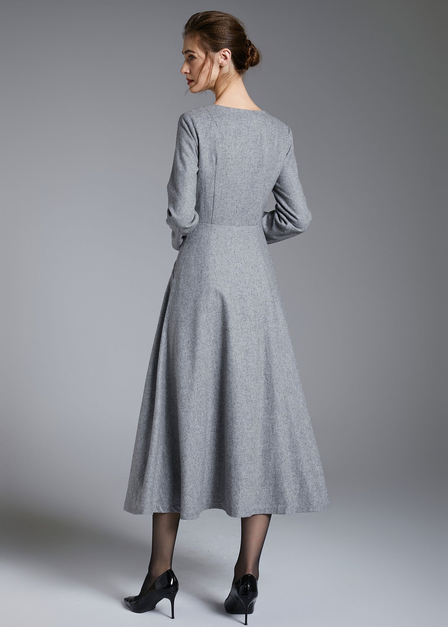 Gray Wool Blend Midi Dress – Vintage Long Sleeve Winter Dress 3882