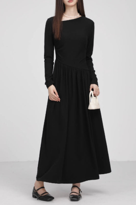 Black Wool Knit Dress - Asymmetrical Long Sleeves 5598