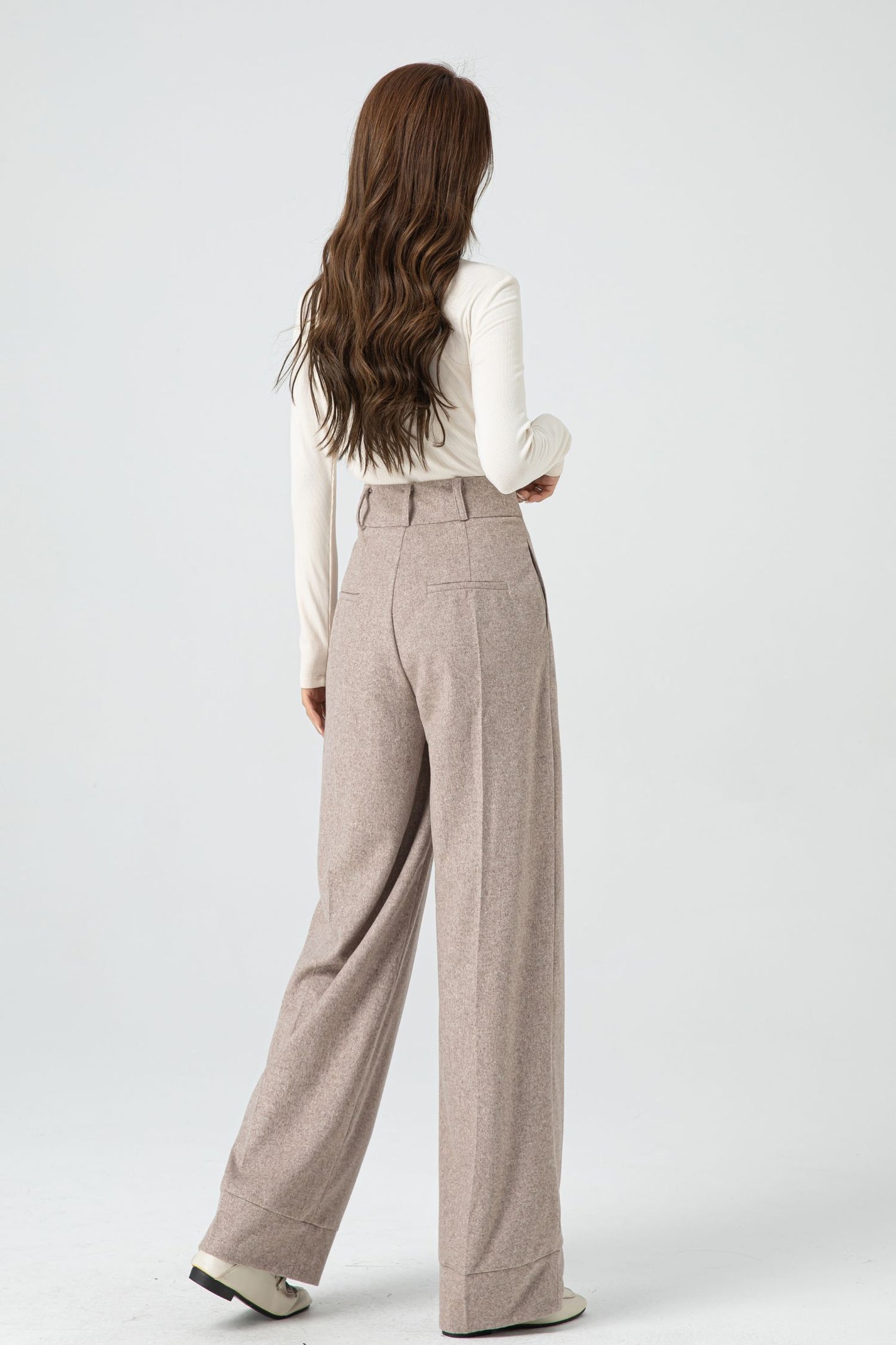 Handmade Beige Wool Wide-Leg Pants – Vintage High-Waist Winter Trousers | Xiaolizi 5324