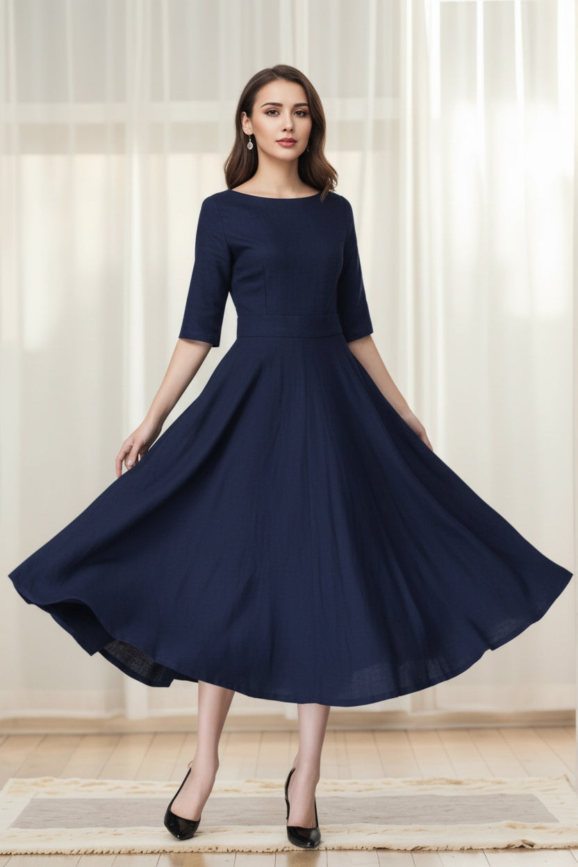 Xiaolizi Navy Linen Dress – Vintage Fit and Flare Midi Dress with Pockets 6654