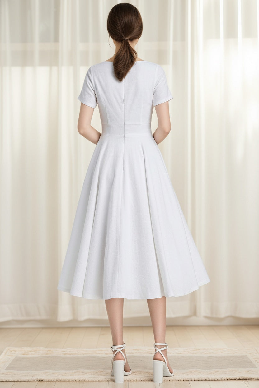 Little White Linen Swing Dress – Boat Neck Fit and Flare Midi 6627