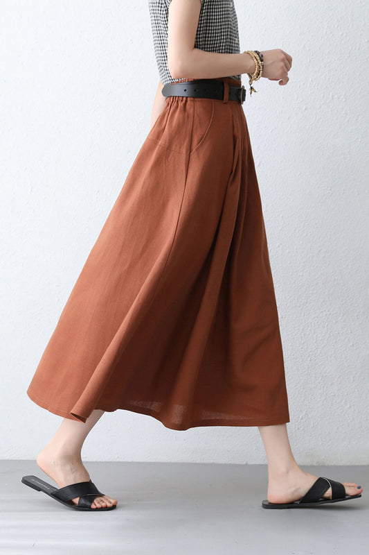 Orange Linen Cotton Midi Skirt - High Waist with Side Pockets 2887