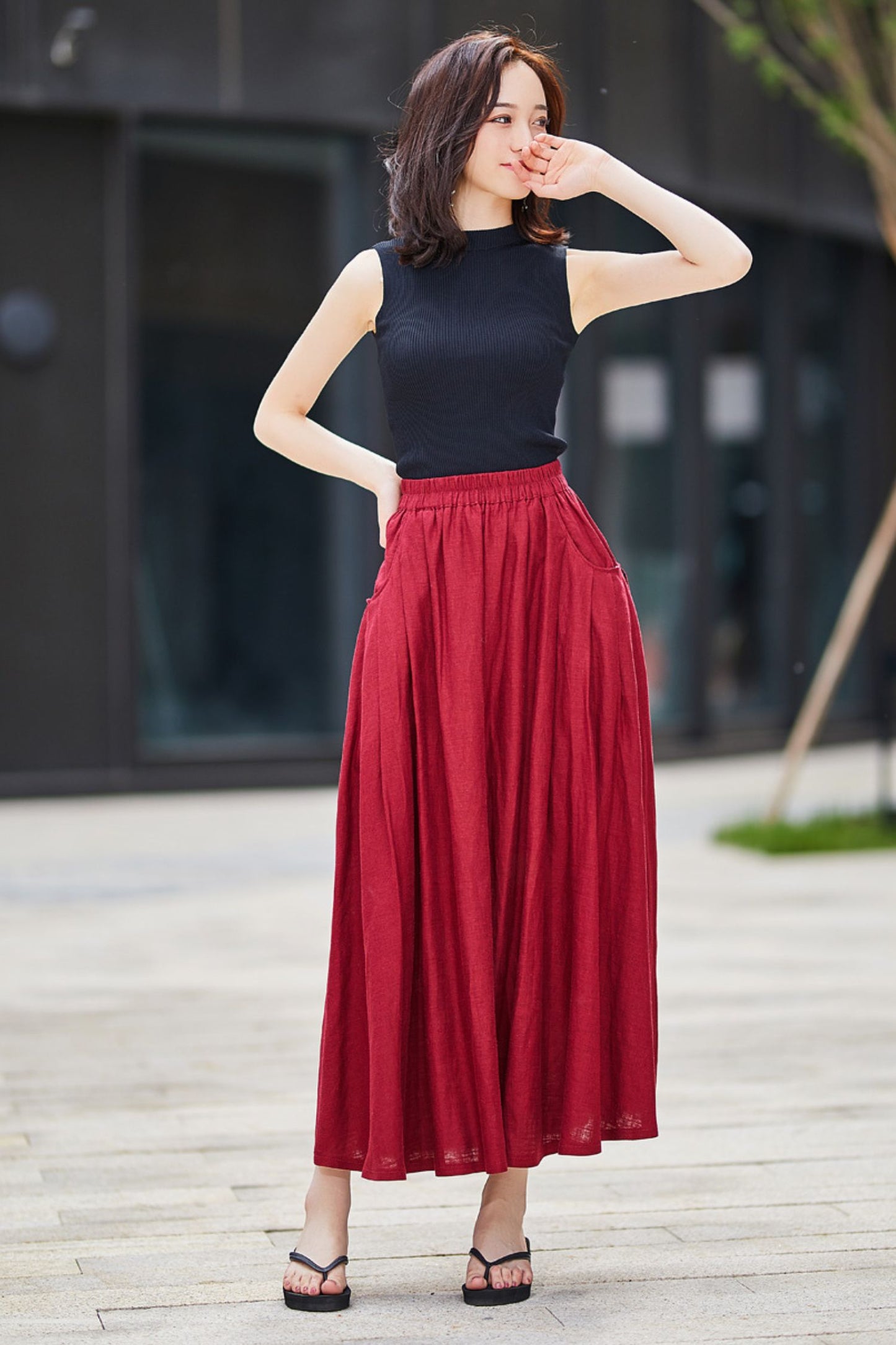 Casual Linen maxi Skirt with pleated Pockets  2176