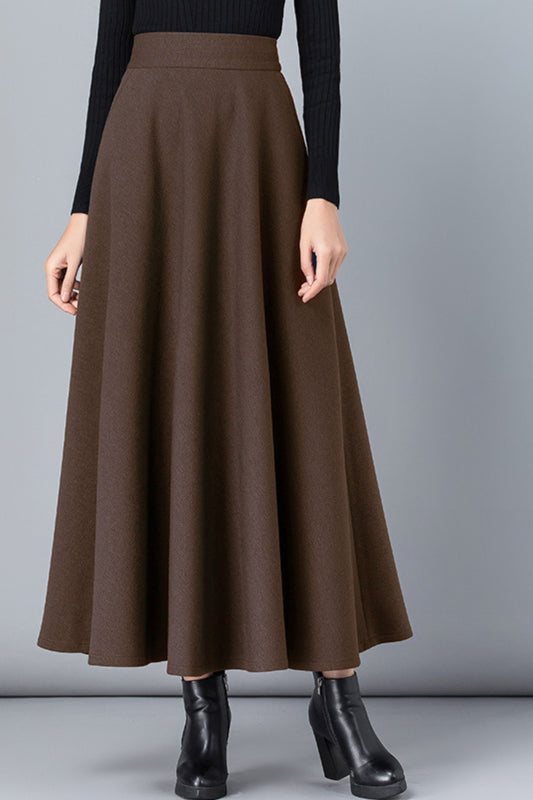 Brown a line maxi wool skirt women 6209