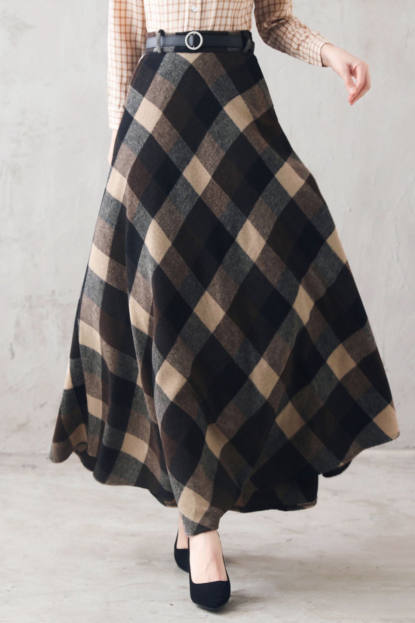 Plaid Wool Maxi Skirt – High Waist Vintage Winter Skirt Handmade 3108