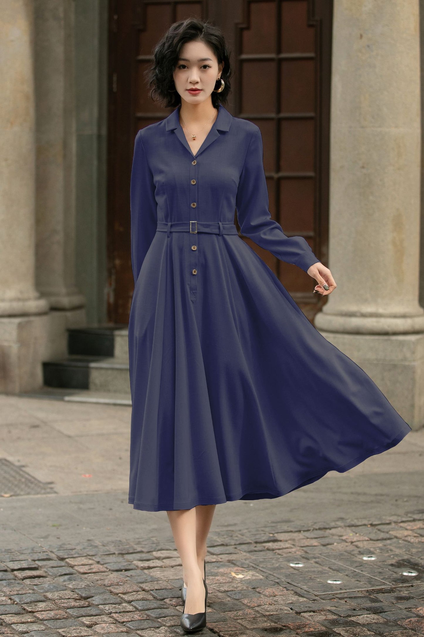 Xiaolizi Linen Shirt Dress – Vintage Belted Swing Midi Dress 6283