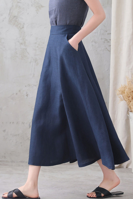 Dark Blue High Waist A Line Elastic Waist Linen Skirt 3339