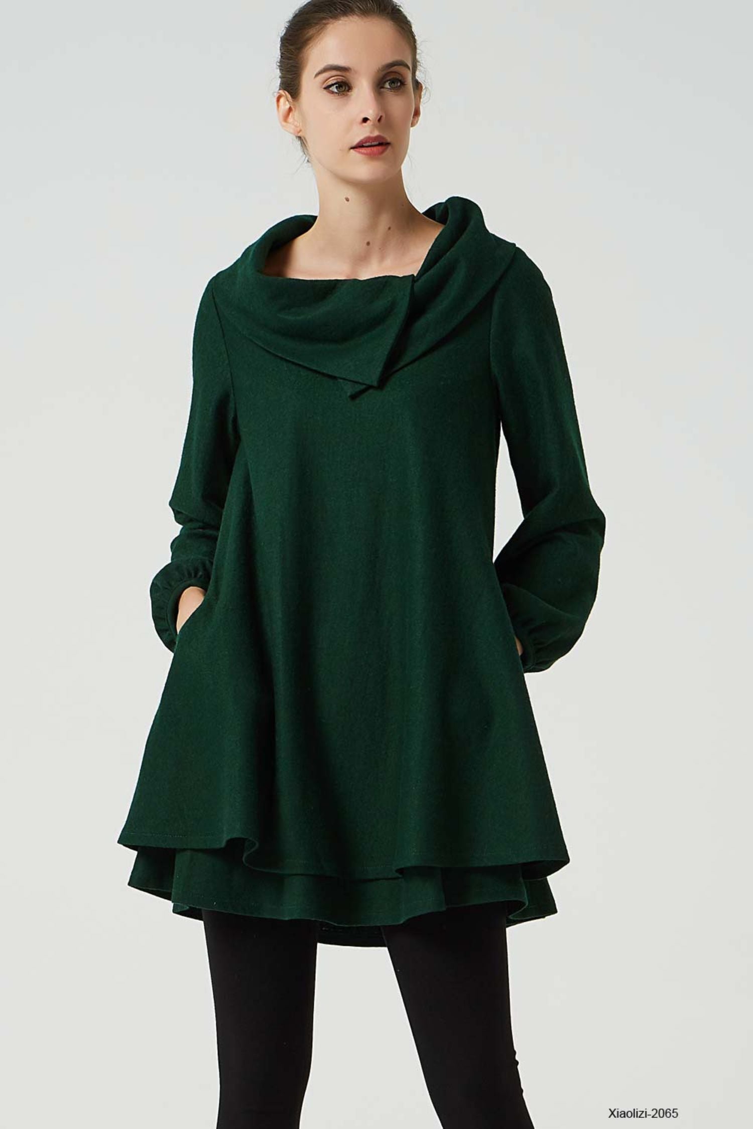 Artisan Wool Tunic Dress Dark Green with Cowl Neck & Layered Hem 2 Artisan Wool Tunic Dress Dark Green with Cowl Neck & Layered Hem 2