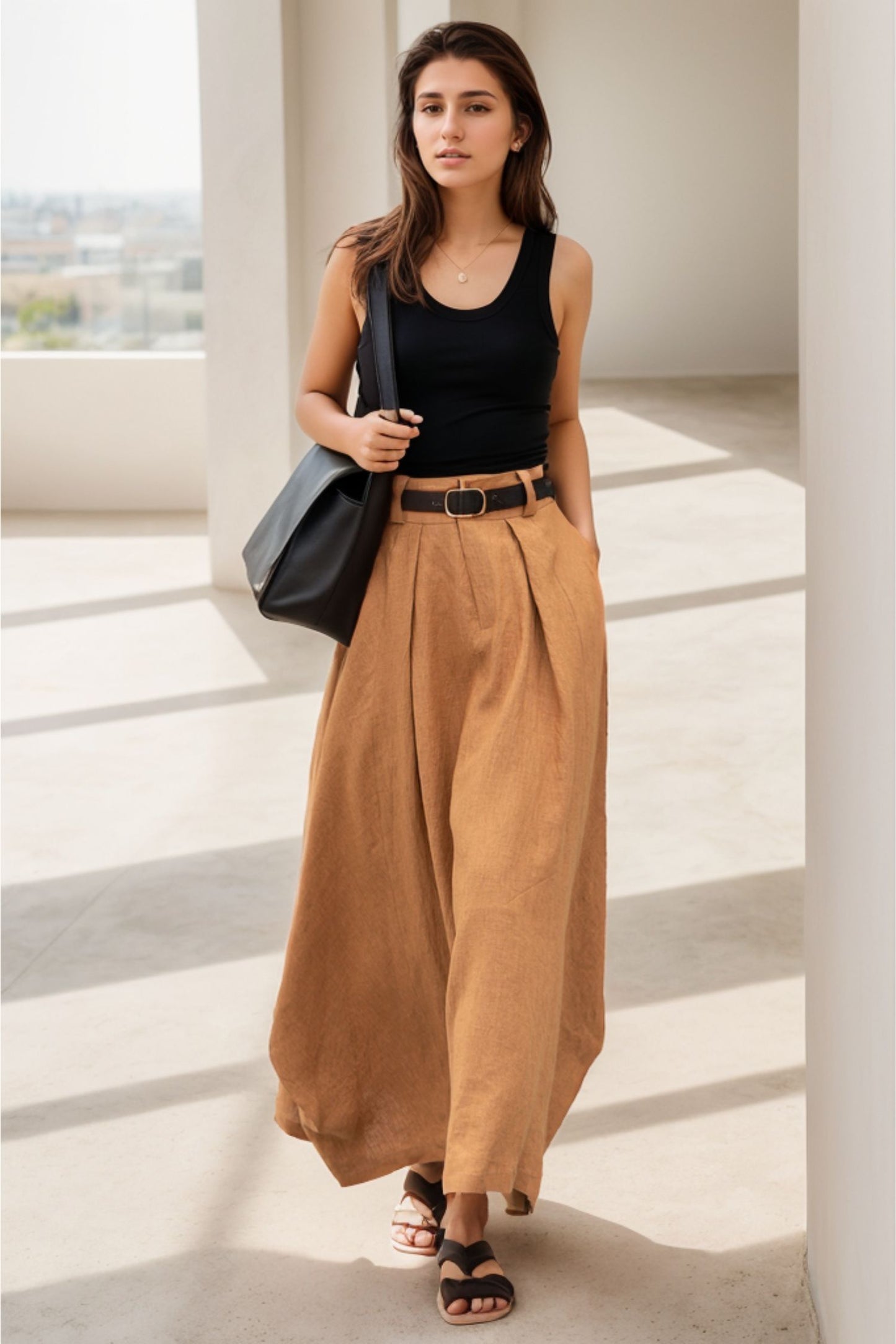 Handmade Linen Maxi Skirt – Camel High Waist A-Line Skirt with Pockets | Xiaolizi 5121