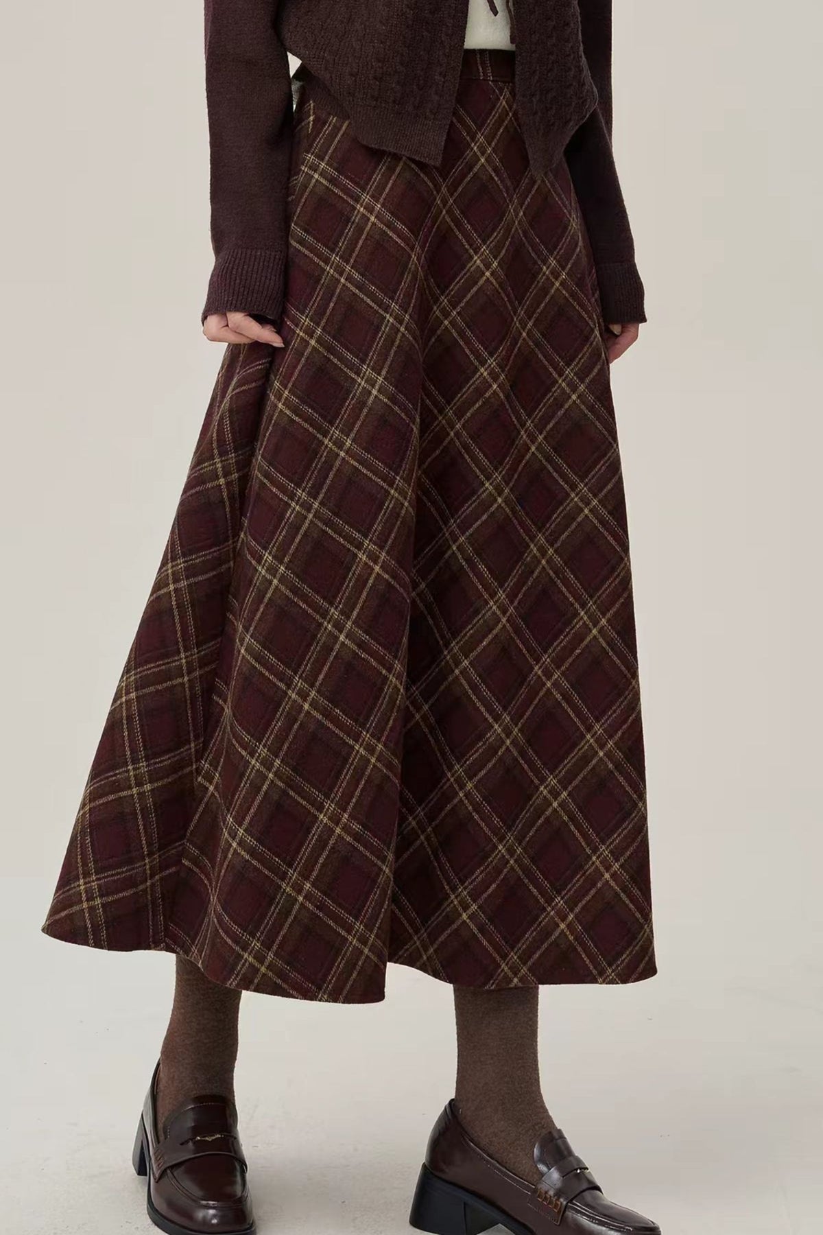 Burgundy Plaid Wool Blend Midi Skirt -High Waist Retro Fall Winter Skirt 7024