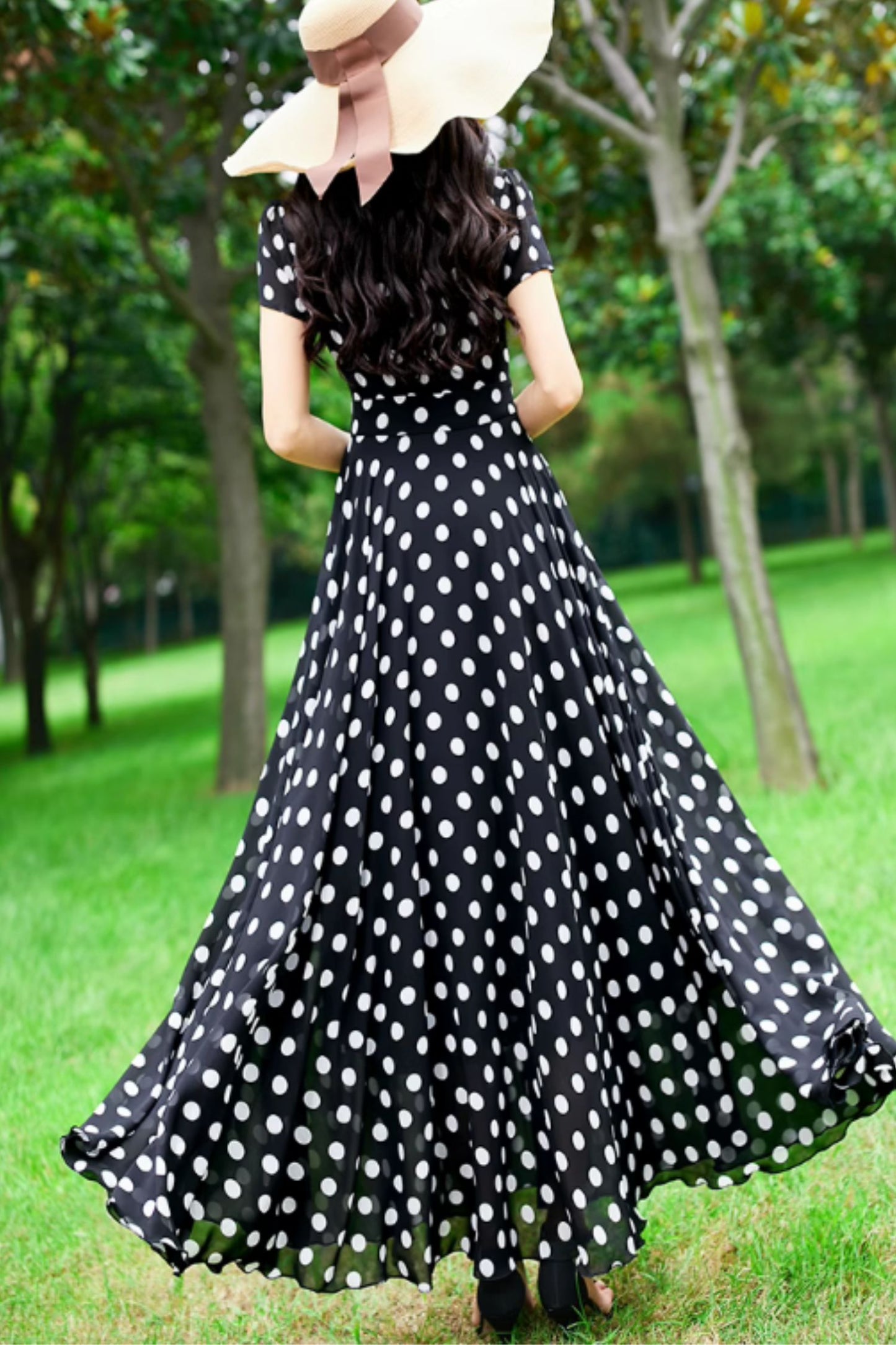Black and white maxi polka dot chiffon dress 5156