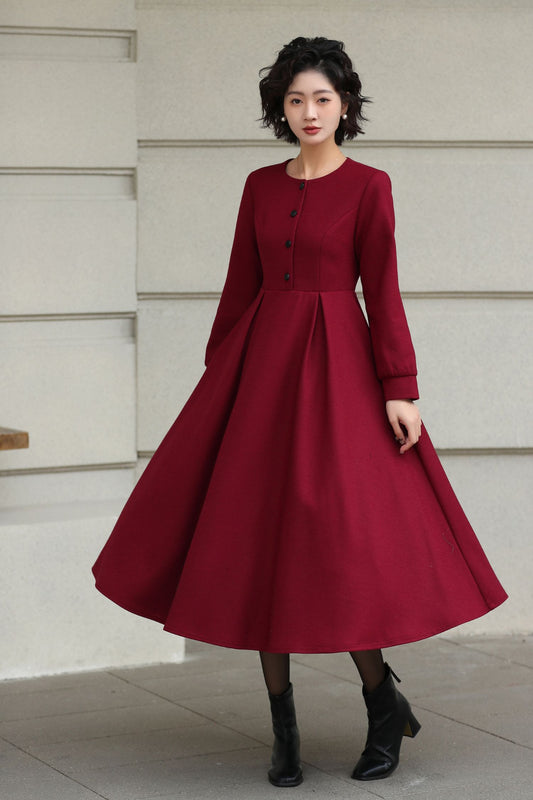 Handmade Vintage Wool Dress – Burgundy Fit and Flare Midi Dress for Winter 6612