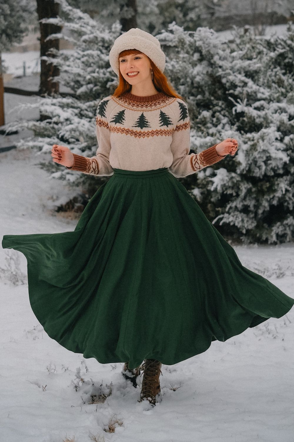 Green Wool Maxi Skirt – Vintage High Waist Winter Long Skirt 4838