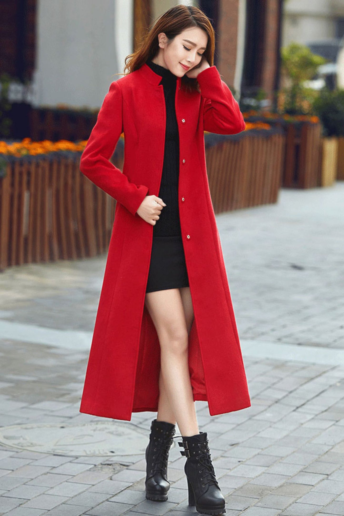 Handmade Wool Winter Coat – Black Long Snap-Button Overcoat | Xiaolizi 3781
