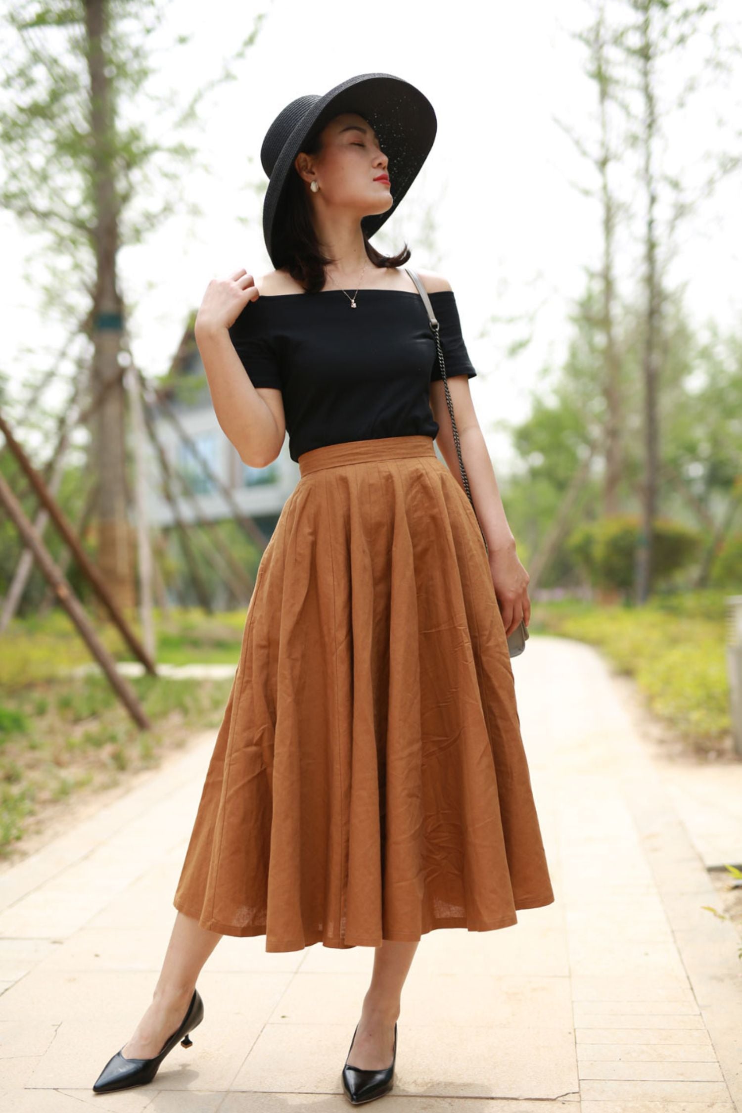 Handmade Camel Linen Midi Skirt – High Waist A-Line Flared Skirt Xiaolizi 2194