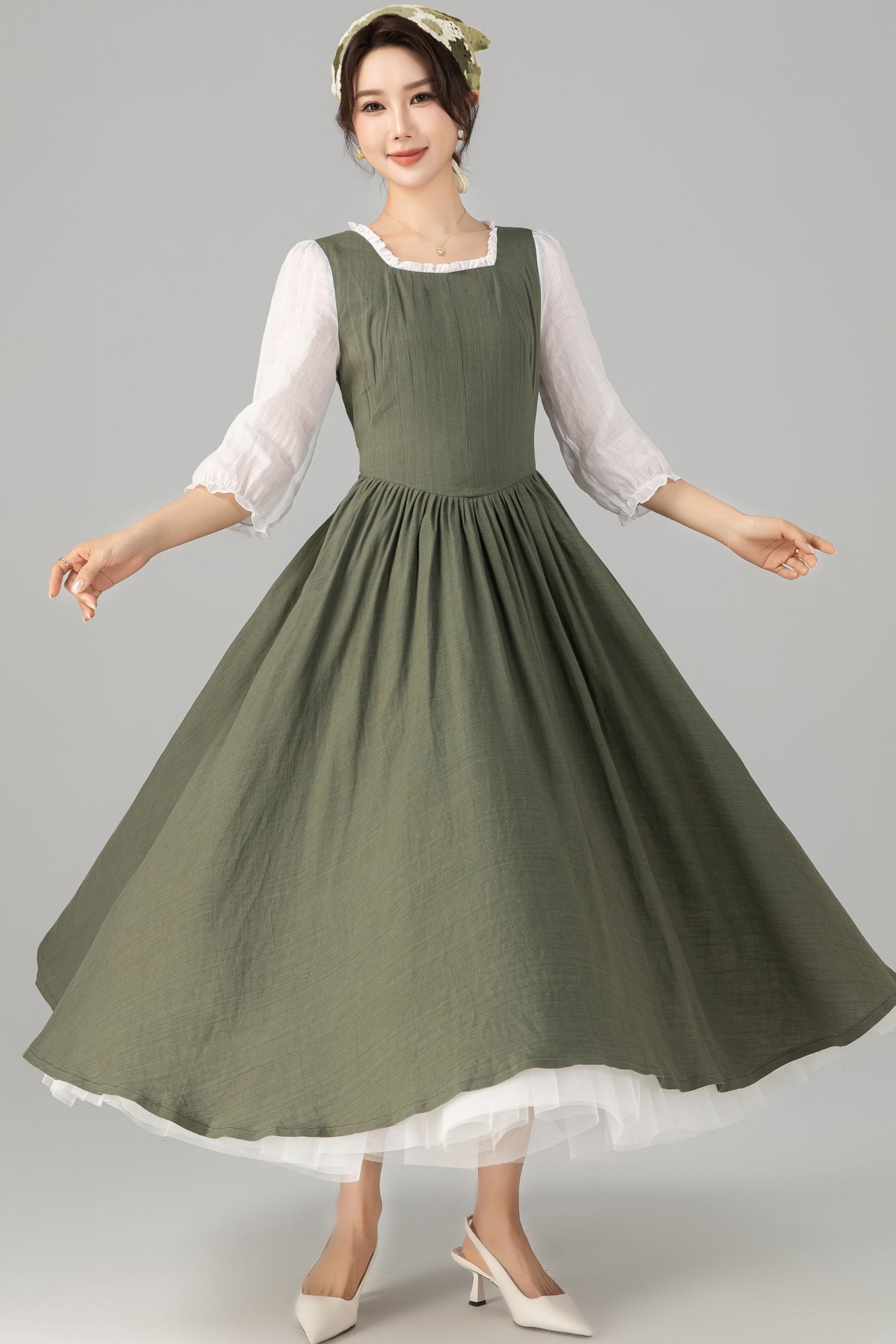 Army Green Linen Midi Dress - Square Neck & Ruffle Detail | Xiaolizi Army Green Linen Midi Dress - Square Neck & Ruffle Detail | Xiaolizi