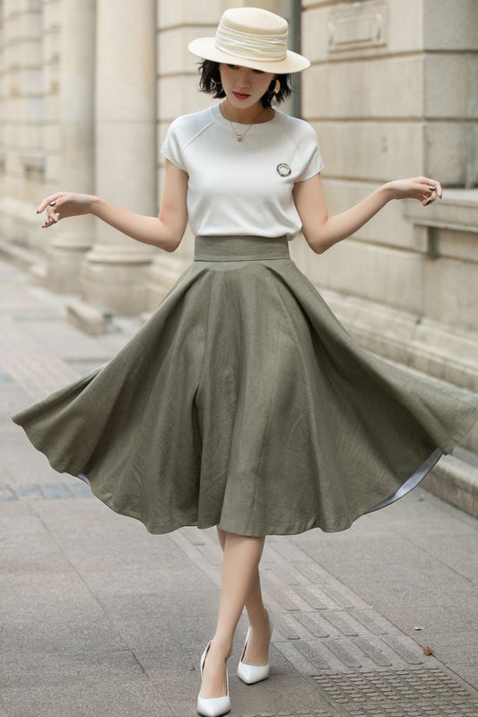 Handmade Linen Circle Skirt – High Waist Pleated Midi Skirt for Spring Summer 5680