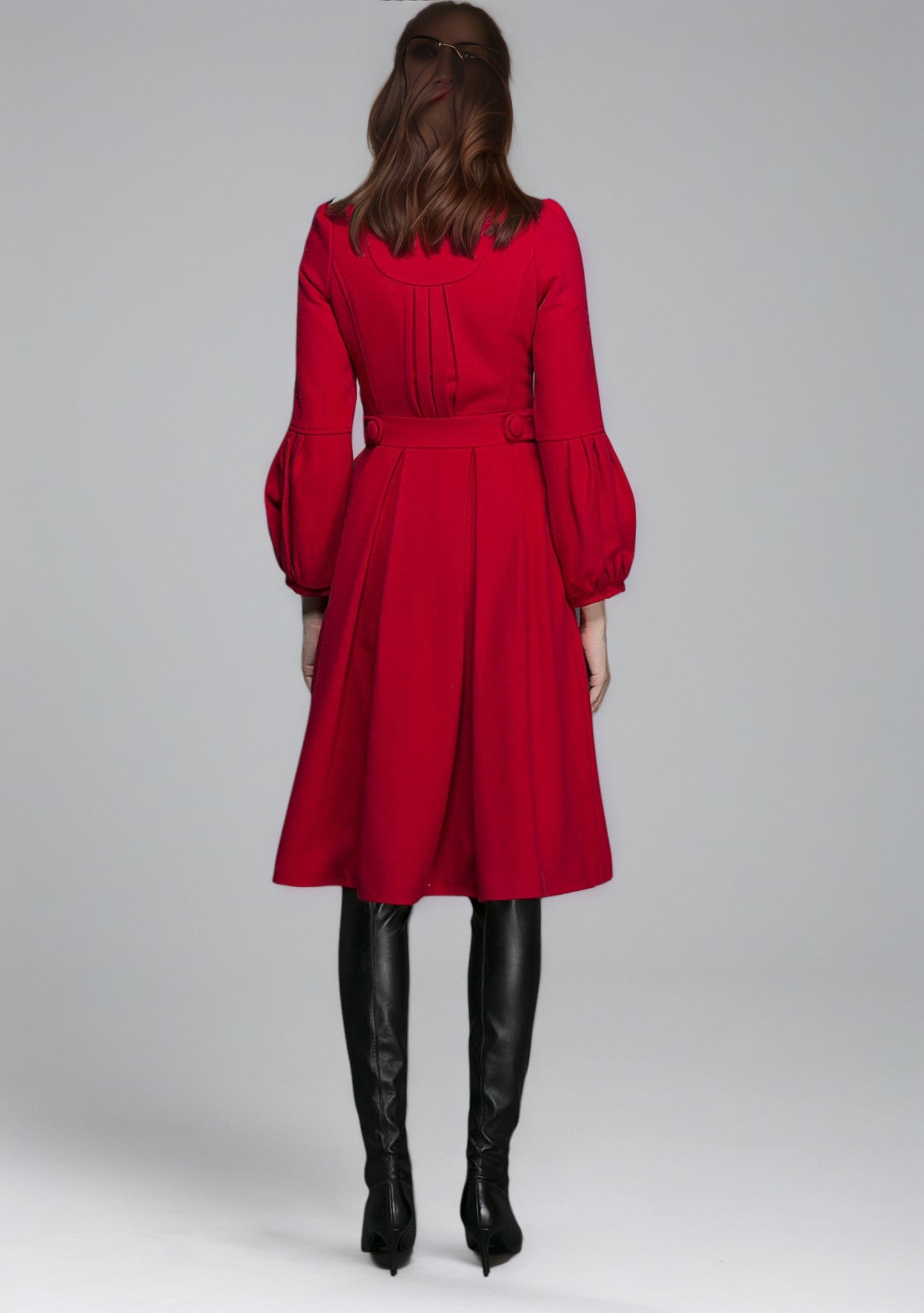 Vintage Red Wool Princess Coat – Bracelet Sleeves, Below-Knee, Pleated Skirt 6350
