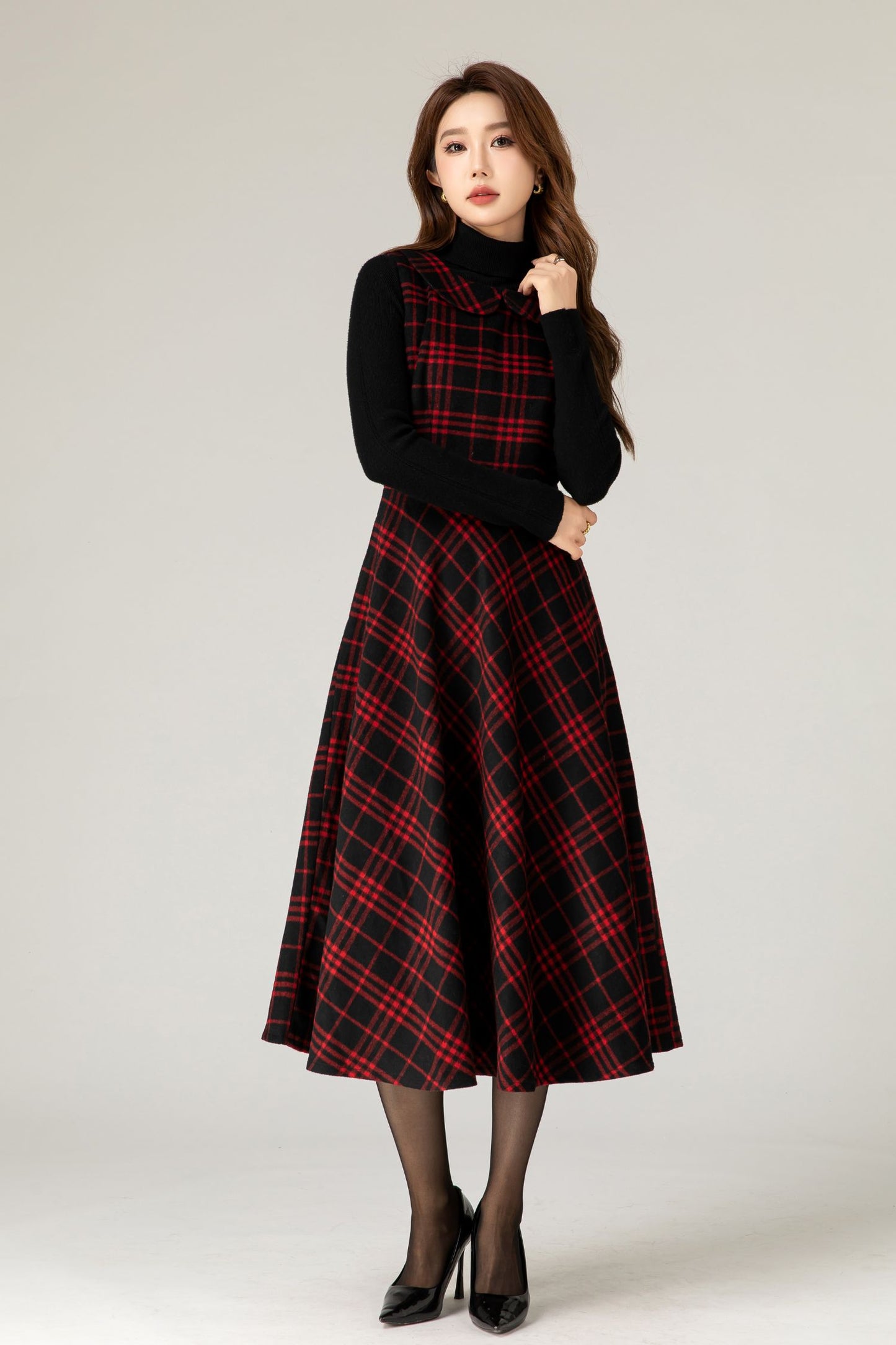 Plaid Wool Midi Dress – Sleeveless Fit and Flare Winter Dress 5478