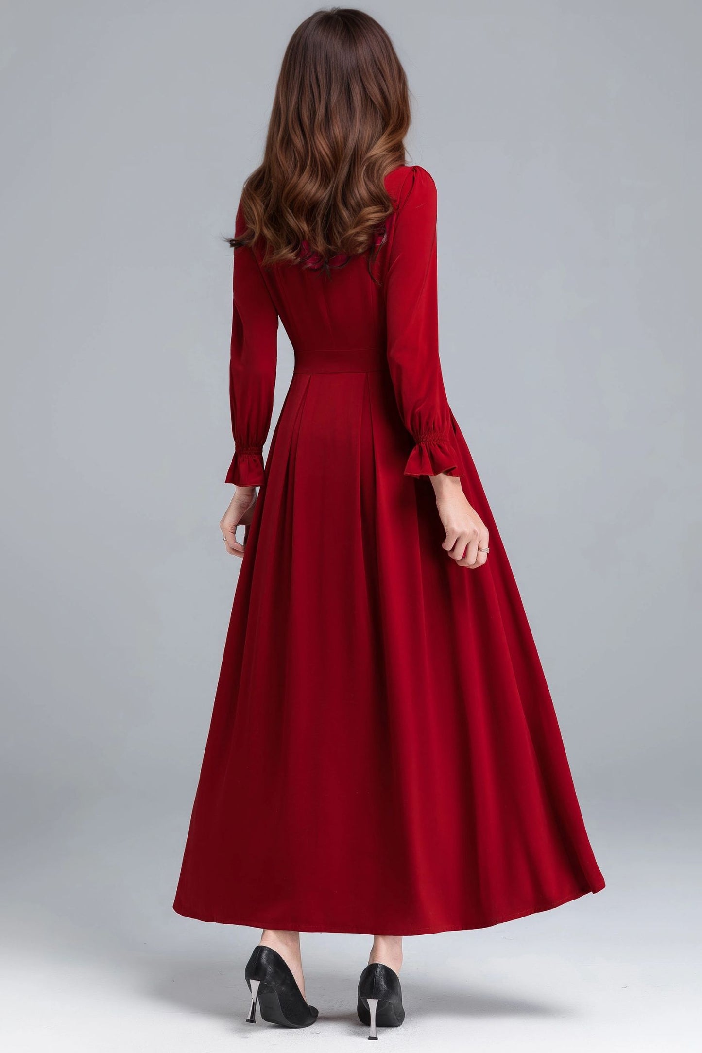 Red Long Sleeve Button Front Maxi Dress – Elegant Fit and Flare Shirt Dress 6345