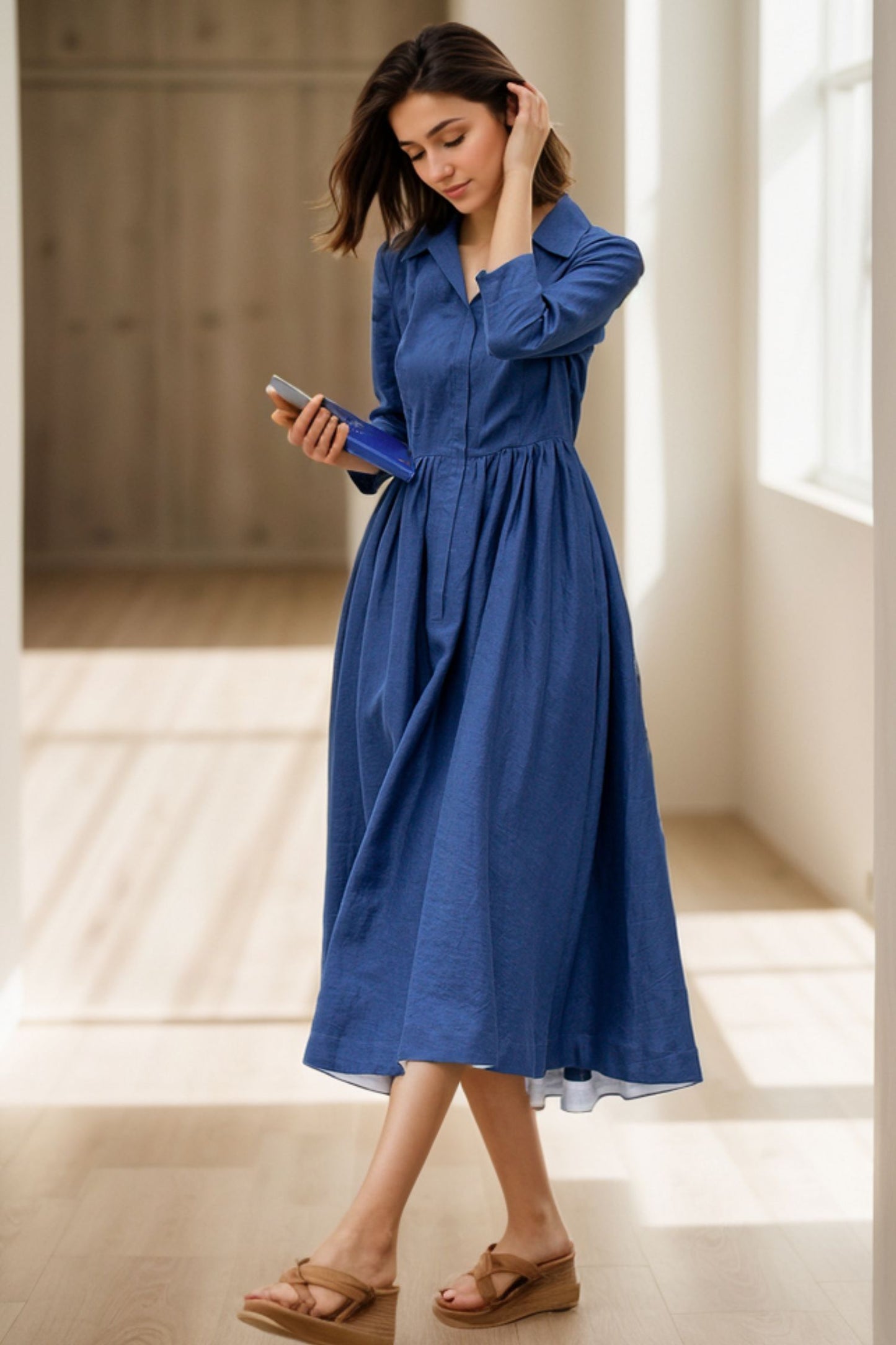 Fit and flare blue linen shirt dress women 5117