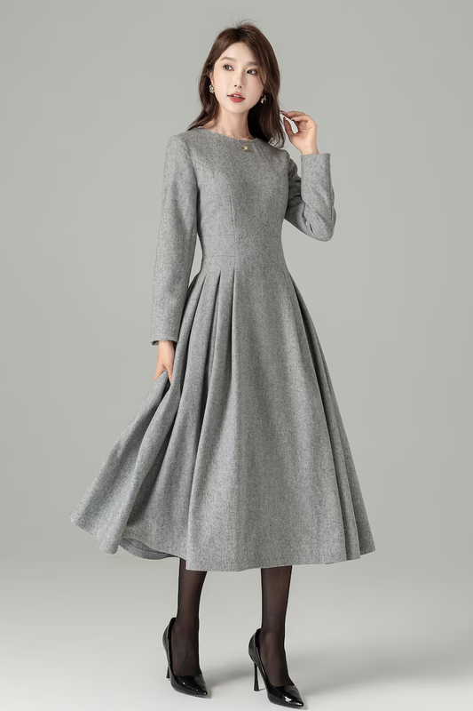 Handmade Gray Wool Blend Midi Dress – Vintage Pleated Fit & Flare Long Sleeve 4495