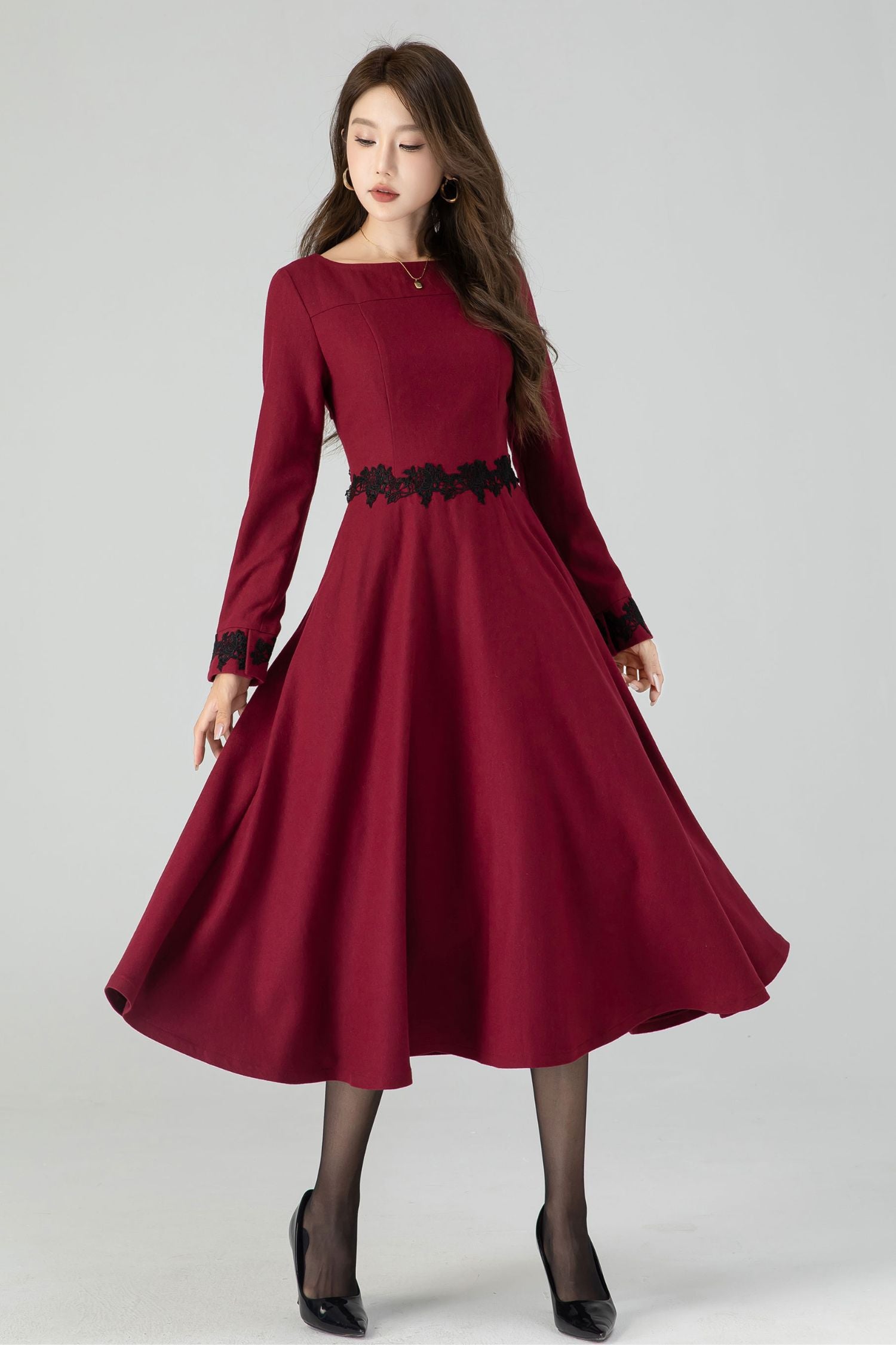 Handmade Wool Blend Lace Midi Dress Vintage Winter Elegance | Xiaolizi 4544 Burgundy / XS Handmade Wool Blend Lace Midi Dress Vintage Winter Elegance | Xiaolizi 4544 Burgundy / XS