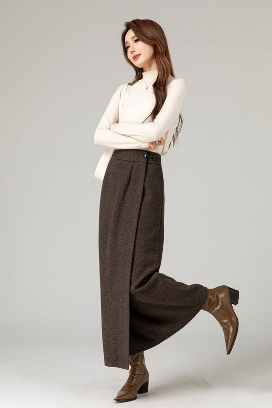 Handmade Wool Blend Skirt – Elegant Dark Brown Wrap Midi for Autumn Winter 5484