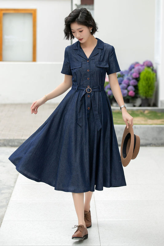 Women’s Tencel Blend Shirt Dress – Retro Button Up Midi Dress 5989