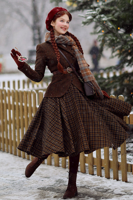 Brown Plaid Wool Midi Skirt – Vintage High Waist Circle Skirt with Pockets 4781