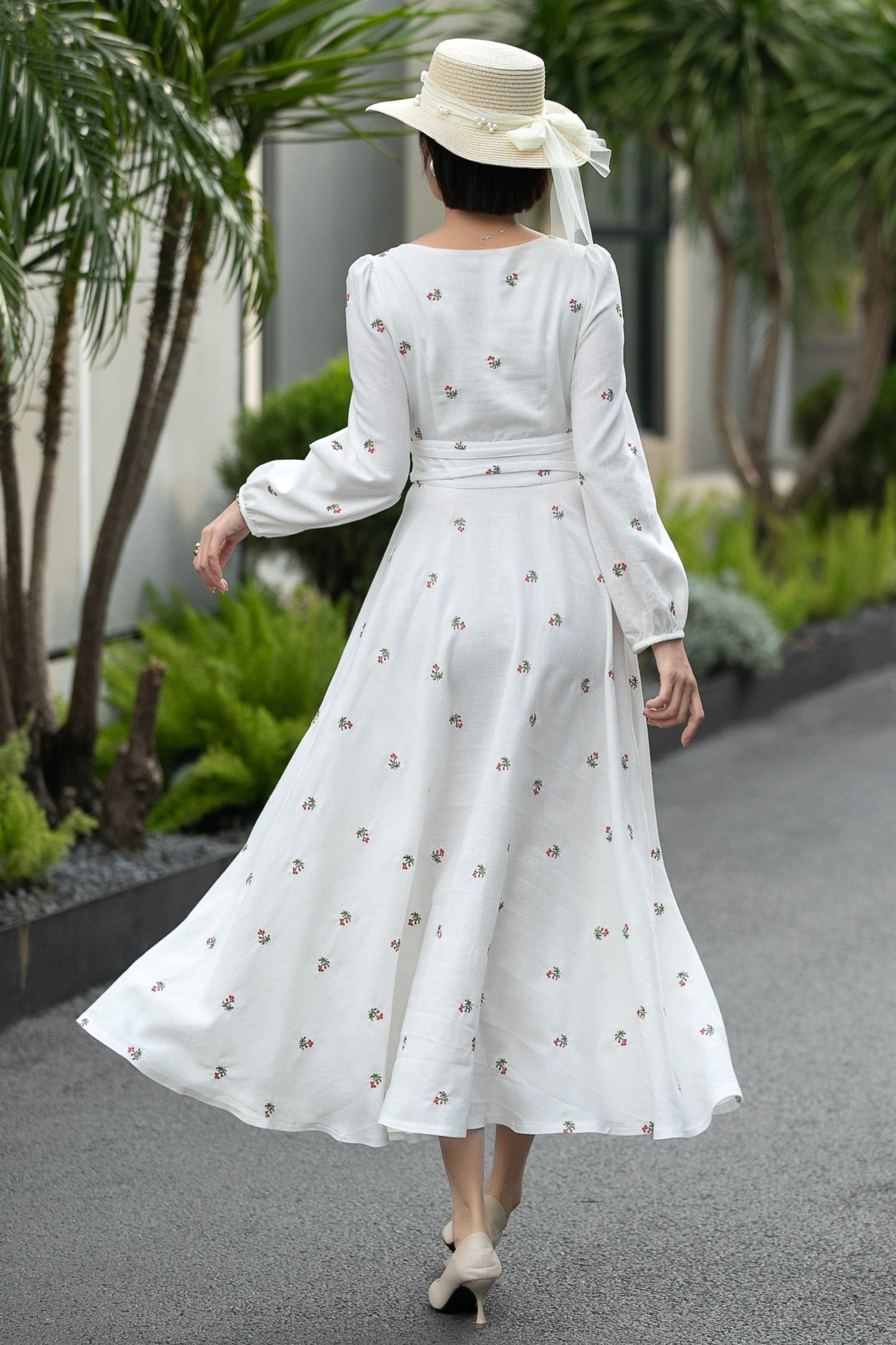 Handmade White Floral Linen Midi Dress – Vintage A-Line Long Sleeve Dress 6661