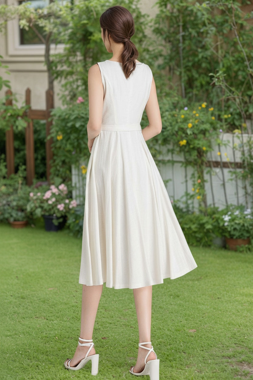 White Linen Fit and Flare Dress – Vintage Sleeveless Midi with Belt 6625