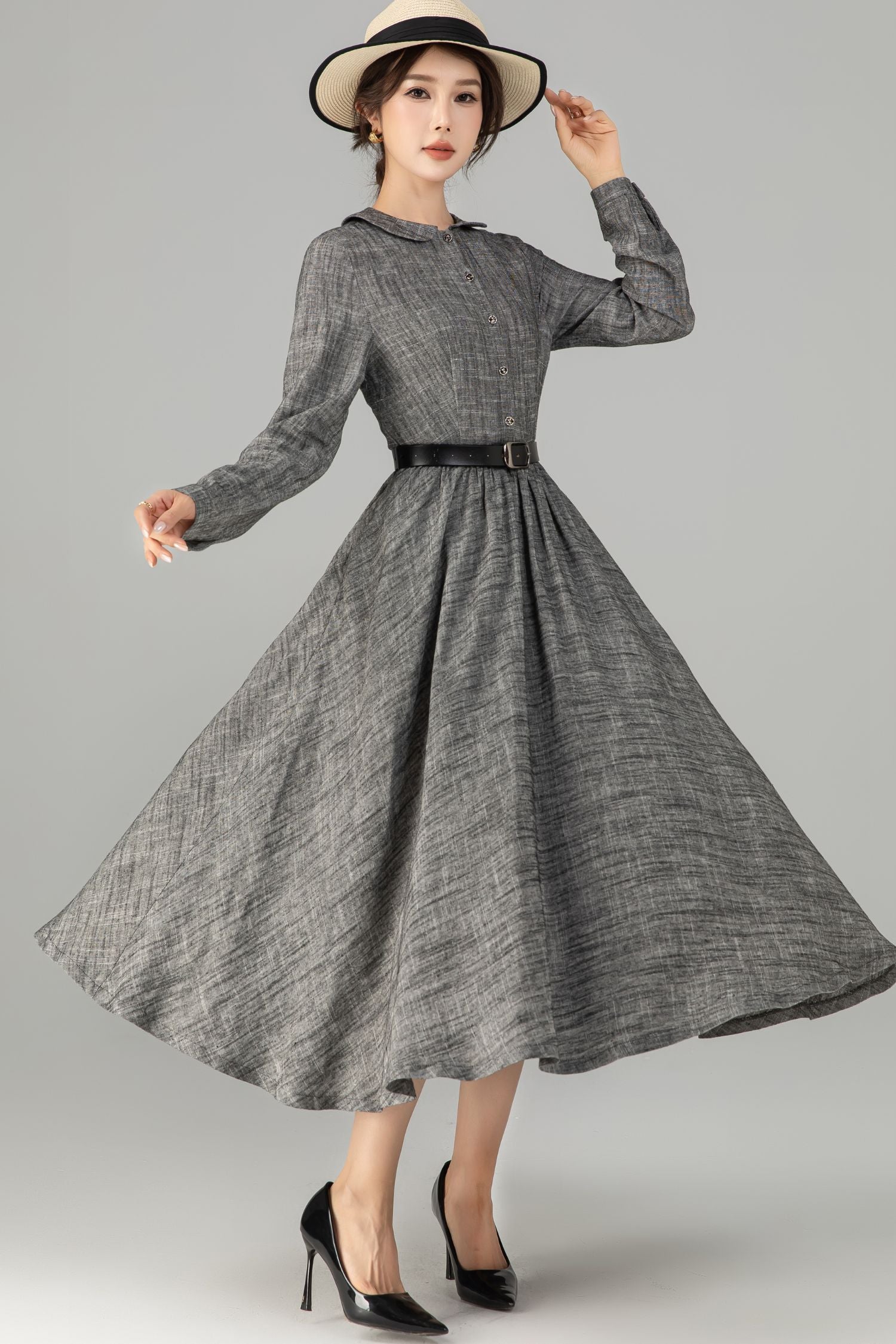 Gray Linen & Cotton A-Line Midi Dress with Button-Up Front