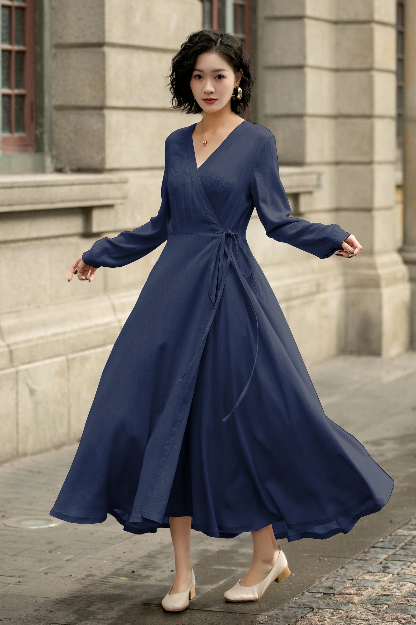 Handmade Linen Cotton Wrap Midi Dress – Vintage Elegant V-Neck Swing Dress 6301