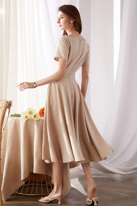 Beige Linen Dress - Fit and Flare Midi with Scoop Neckline 3374