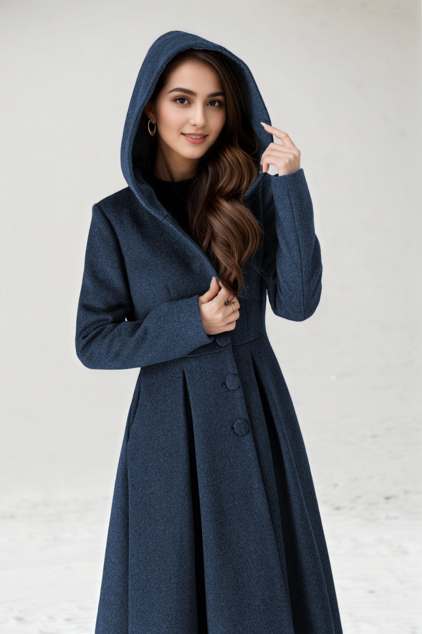 Burgundy Hooded Wool Maxi Coat – Vintage Swing Long Winter Overcoat 5242
